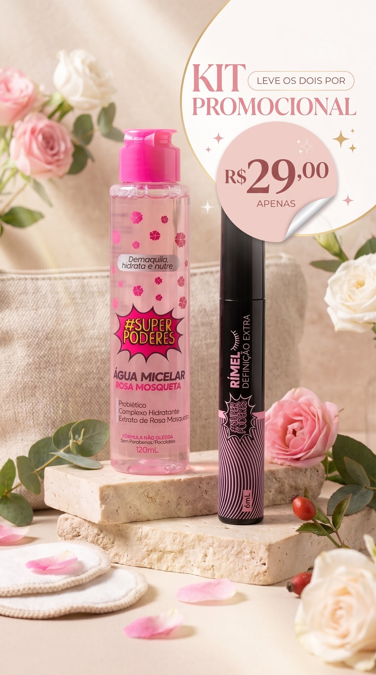 Kit Super Poderes – Rímel Definição Extra + Água Micelar Rosa Mosqueta