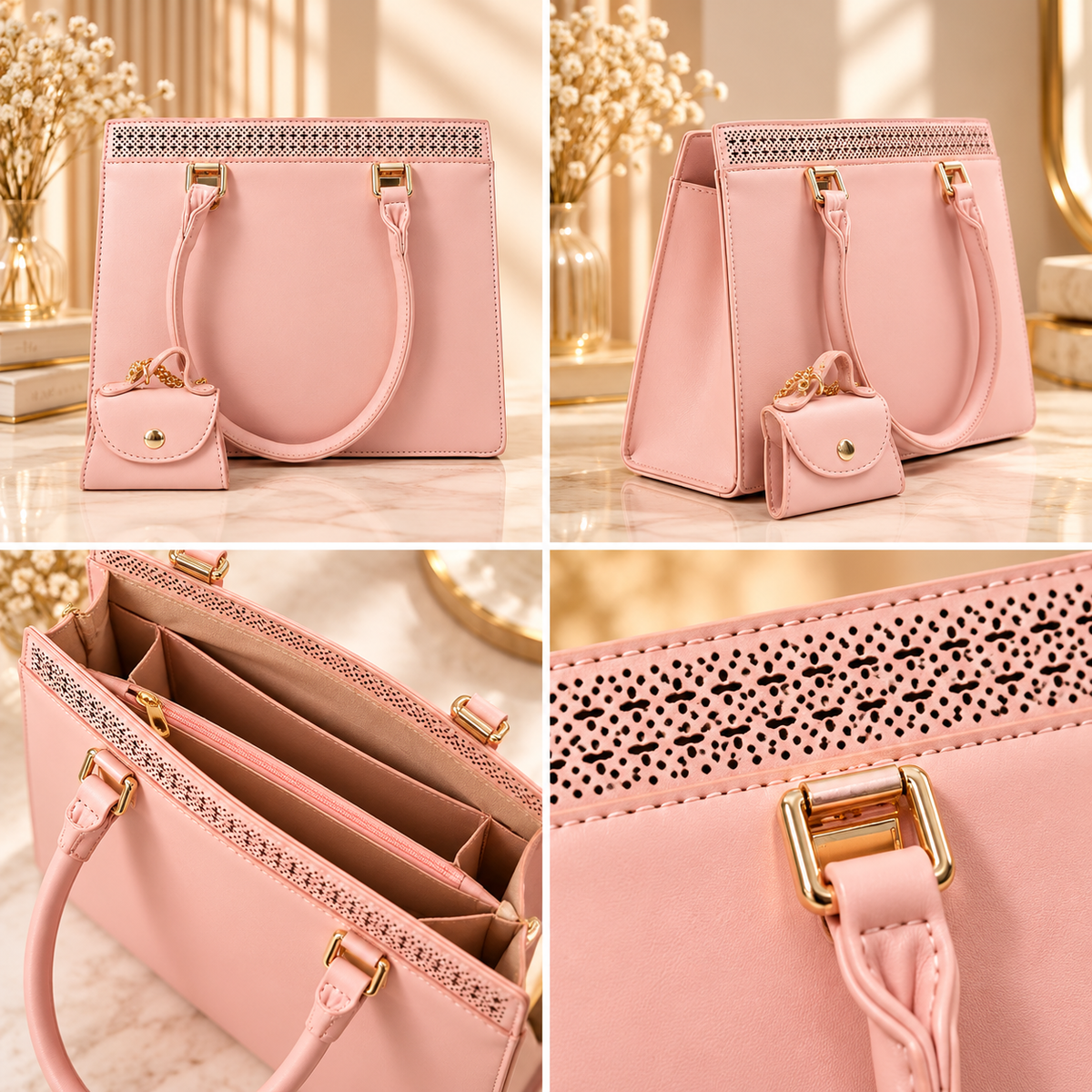 Bolsa Feminina Estruturada Elegance com Mini Bag Chaveiro – Rosa