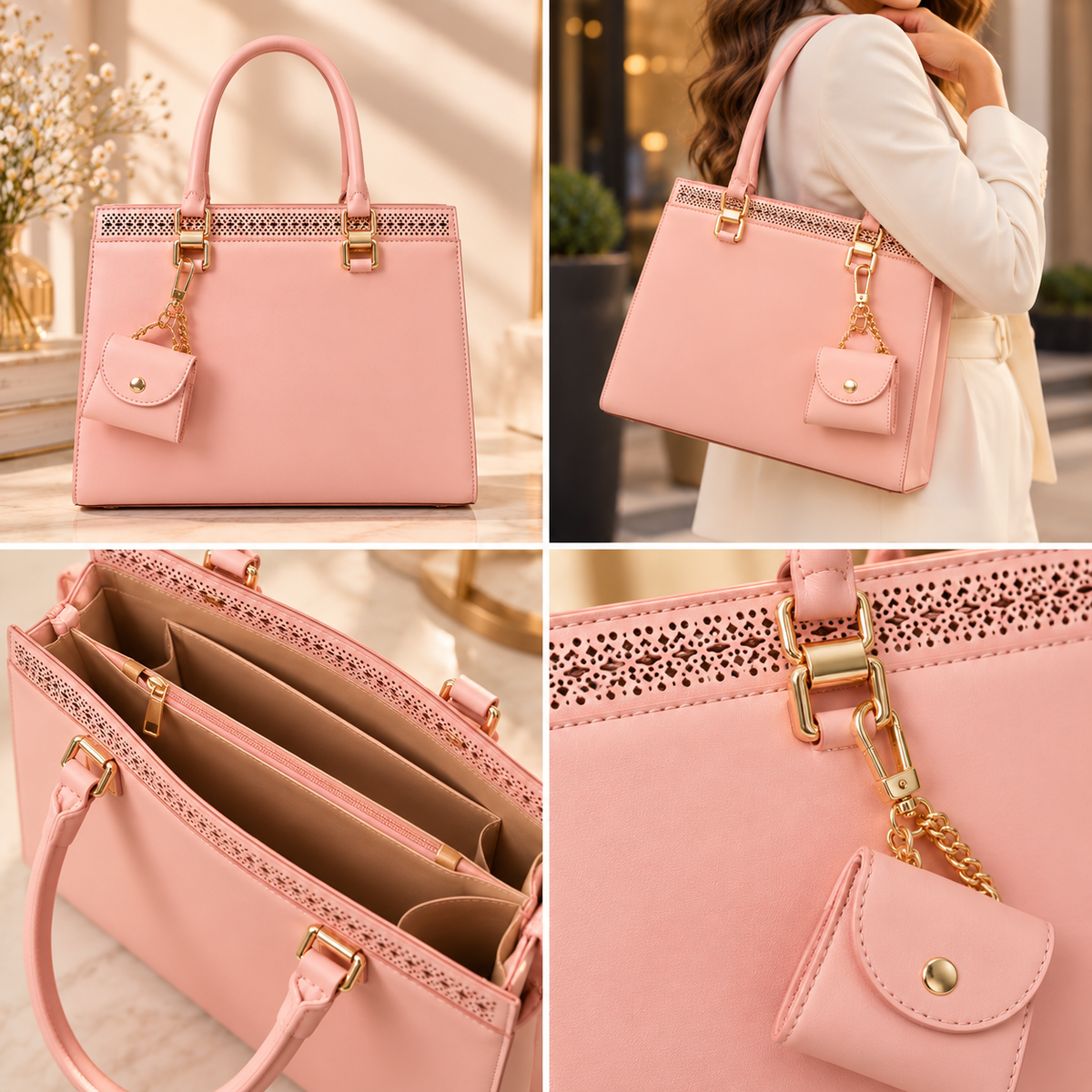 Bolsa Feminina Estruturada Elegance com Mini Bag Chaveiro – Rosa