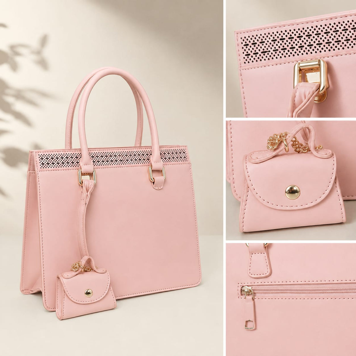 Bolsa Feminina Estruturada Elegance com Mini Bag Chaveiro – Rosa