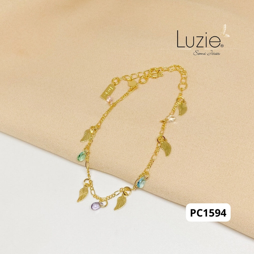 Pulseira Cristais e Folhas - PC1594 - Folheado a Ouro