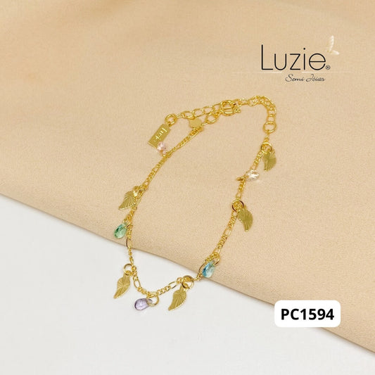 Pulseira Cristais e Folhas - PC1594 - Folheado a Ouro
